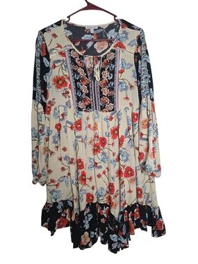 Patrons of Peace Floral Long-Sleeve Boho Dress in Cream, Red & Blue
